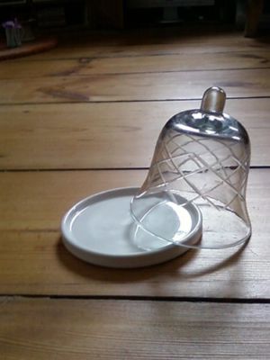 Bezeichnung: Glocke für Gebäck,<br>
Konfekt, Käse, Blüten, Schmuck<br>
Artikelnummer: GL1<br>
Tellerdurchmesser: 12 cm<br>
Preis: 38,00 €