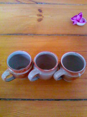 Bezeichnung: Tasse<br>
Artikelnummer: T1<br>
Höhe: 7,5cm<br>
Breite: 8cm<br>
Preis: 16,00 € Tasse